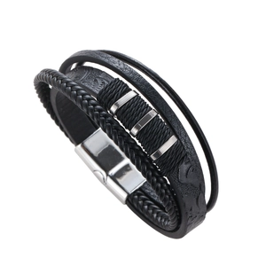 Men's multilayer braided black leather bracelet with vintage stainless steel magnetic buckle