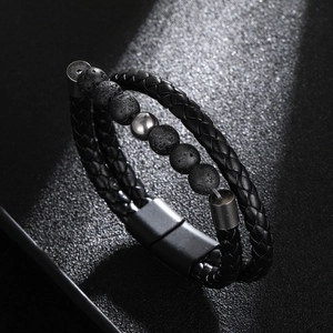 Men Braided Leather Bracelet With Natural Black Lava Stone Beads Stainless Steel Magnetic Clasp Punk Retro Jewelry
