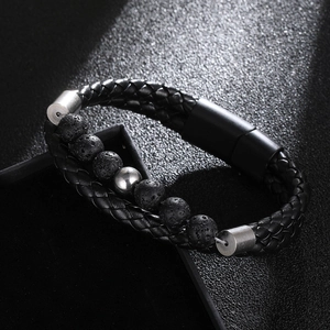 Men's multilayer bracelet with black braided leather, lava stone beads and magnetic clasp