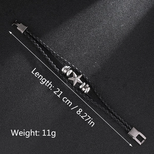 Detail shot of multi-layer braided leather bracelet with star charms and 21cm size mark
