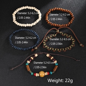 Detail view of 5-piece retro wood bead bracelet set with size and weight dimensions
