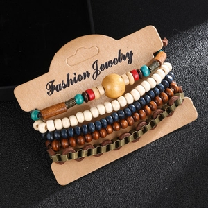 Retro multilayer beaded wooden bracelet set with braided leather and ethnic style charms