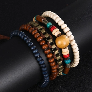 Bohemian multi-layer wooden bead bracelets set for men and women in ethnic woven style