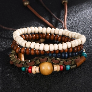 Retro multilayer beaded wood bracelet set with bohemian woven leather and bronze accents