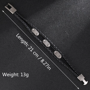 Detail of 21cm braided leather bracelet with metal rivets and pin buckle closure