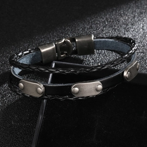 Men's multilayer black leather bracelet with vintage metal rivets and a magnetic clasp