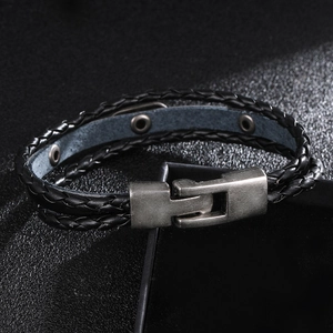 Men's multi-layer black braided leather bracelet with vintage silver metal clasp