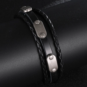 Three-layer black braided leather bracelet for men featuring vintage metal oval plates