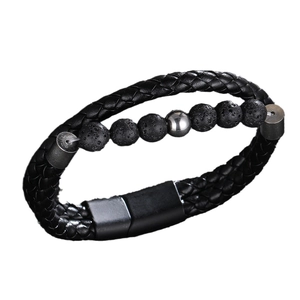 Men's black woven leather bracelet with natural volcanic lava stones and metal clasp