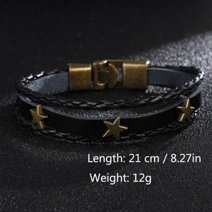 Detail of multi-layer black leather bracelet with bronze stars and 21cm length info