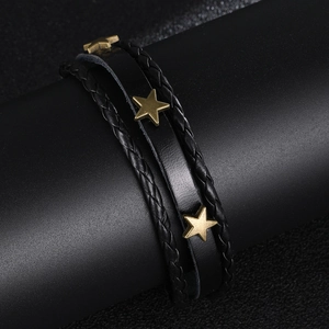 Men's punk braided black leather bracelet with bronze star metal studs and layered cords