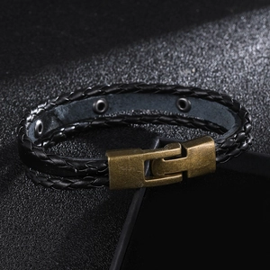 Bronze star woven leather bracelet with punk double wrap design and metal clasp