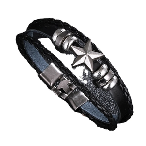 Retro multi-layer black leather bracelet with silver pentagram star and metal beads