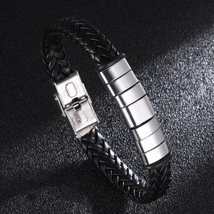 Men's braided black leather bracelet with stainless steel plates and magnetic clasp