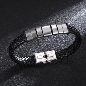 Men Woven Leather Bracelet With Stainless Steel Accents Fashion Simple Casual Jewelry Black Silver