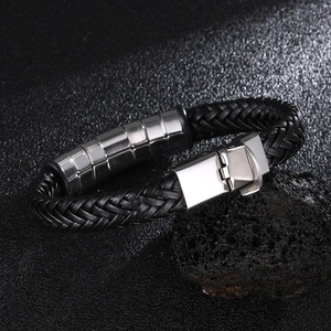 Men's braided leather bracelet with stainless steel metal ornament and magnetic clasp