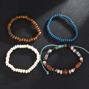 Bohemian multilayer wood bead bracelet set with retro ethnic charms and braided cord