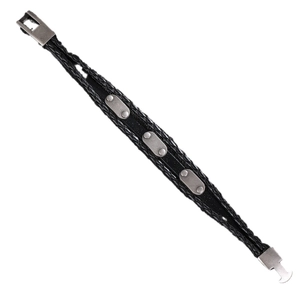 Retro men's black braided leather bracelet with three oval metallic elements and a plug-in clasp