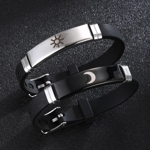 Adjustable silicone couple bracelets with sun and moon engraved metal charms for lovers