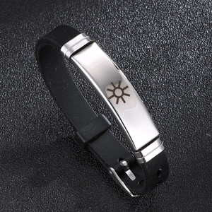 Adjustable silicone couple bracelet with polished metal plate and sun totem design