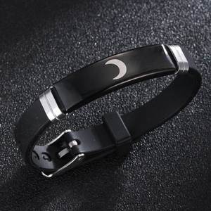 Adjustable black silicone couple bracelet with silver crescent moon motif for lovers