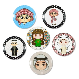 Set of 6 cartoon tinplate badges featuring Middle Eastern traditional festive characters