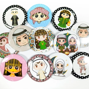 Close-up of 11 assorted Middle Eastern cartoon badges showing traditional cultural dress