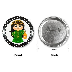 Front and back detail of 58mm tinplate moon festival badge with pin fastener