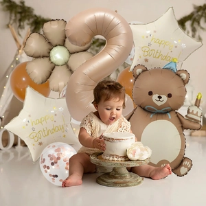 Balloon set for 2nd birthday with champagne gold number 2 and cartoon bear decoration