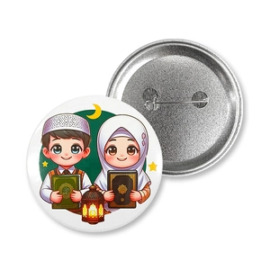 Detail of Middle East moon badges with cartoon Muslim kids and back metal safety pin