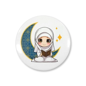 Macro view of cartoon Muslim girl and crescent moon illustration on round tinplate badge