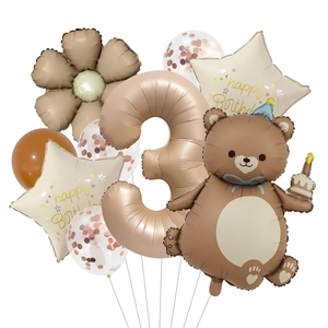 3rd birthday balloon set featuring brown bear, rose gold number 3, and daisy foil balloons