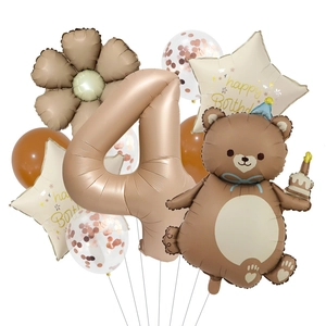 Brown teddy bear balloon with age 4 gold foil and cream star for birthday decor