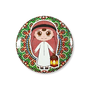 Macro detail of Eid badge with cartoon boy holding a lantern on geometric background