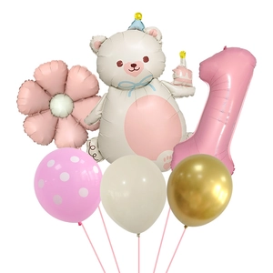 Cute teddy bear balloon set with number one and daisy for first birthday party decor