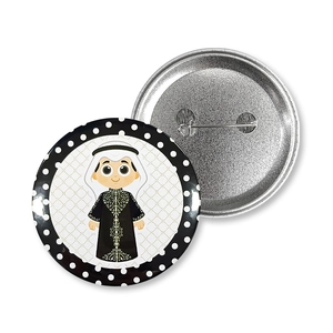Round tinplate Middle East moon badge featuring a cute cartoon boy in traditional robe