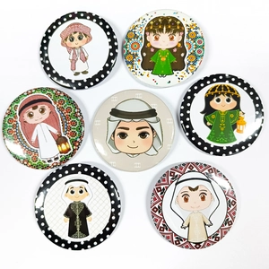 Set of 7 Middle Eastern cartoon tinplate badges featuring children in traditional attire