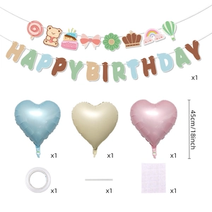 Birthday party decoration set with heart foil balloons and happy birthday banners
