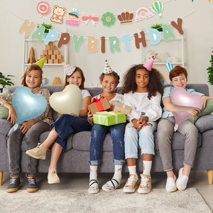 Teddy bear happy birthday banner set with heart foil balloons and kids party decorations
