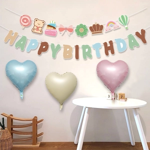 Happy Birthday Banner And Cartoon Bear Garland With Heart Foil Balloons Birthday Party Decoration Soft Pastel Colors