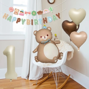 Kit ballons d'anniversaire avec ours cartoon, ballon chiffre 1 et bannière Happy Birthday