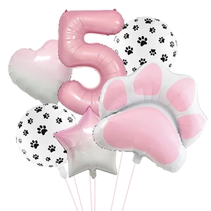 Detailed set of 6 pink balloons including number 5, paw print and star shapes for birthdays