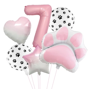 Detailed set of pink number 7 balloon with gradient heart and paw print decorations