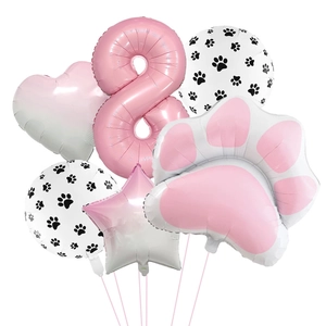 Detailed set of 6 pink and white foil balloons featuring heart, star and cat paw shapes