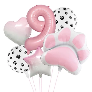 Detailed set of pink and white paw print balloons including a large number nine balloon