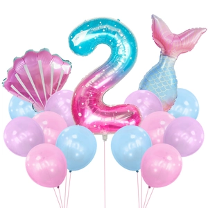 Kit 2ème anniversaire sirène avec ballon chiffre 2, formes de coquillage et queue