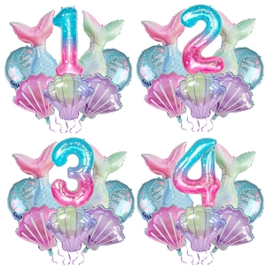Mermaid Birthday Balloon Set Gradient Number Foil Balloons Fishtail Shell Decoration For Kids Birthday Party