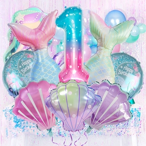 Mermaid 1st birthday balloon set with gradient number 1, tail and shell foil balloons