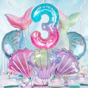 Mermaid 3rd birthday balloon set with gradient number 3, mermaid tails and shells