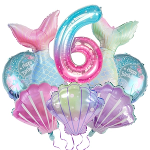 Mermaid themed party balloon set with number 6, tails and shells for birthday decor
